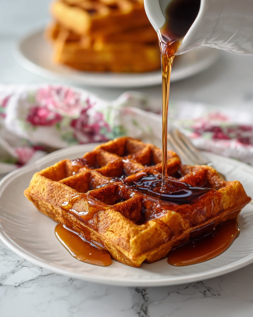 A single square golden waffle with a crisp texture sits centered on a white plate, showing its deep grid pattern that holds a stream of dark amber syrup being poured over it from above, filling the waffle's pockets and creating a shiny, sticky surface. In the background, another waffle can be seen on a white plate, slightly out of focus, all set on a white marbled surface with hints of a colorful cloth underneath. Photo taken with an iphone --ar 4:5 --v 7