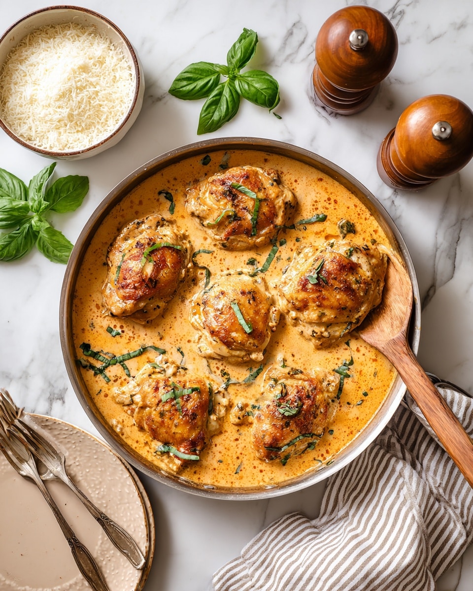 The image shows a round pan filled with five brownish-yellow cooked chicken pieces in a thick orange creamy sauce with red and green herbs sprinkled on top. The sauce looks smooth with some green spinach leaves mixed in. A wooden spoon is placed on the right side inside the pan. Around the pan, there are fresh green basil leaves, a bowl with a mound of shredded white cheese at the top right, a pair of brown pepper and salt grinders, and a pale yellow plate with two forks on the lower left corner. The whole scene is set on a white marbled texture surface with a striped cloth under the pan. Photo taken with an iphone --ar 4:5 --v 7