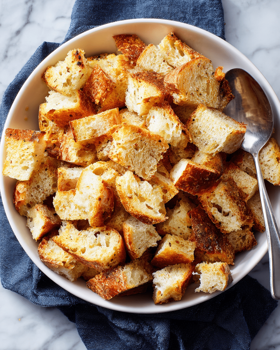 A white bowl filled with torn pieces of golden brown toasted bread shows a mix of crispy crust and soft inside bits. The bread pieces have a crunchy texture with varied shades of light brown and cream. A vintage silver spoon rests on the right edge of the bowl, reflecting some light and has letters stamped on it. The bowl sits on a dark blue cloth, placed over a white marbled surface. The scene is clear and bright, emphasizing the rough texture of the bread pieces photo taken with an iphone --ar 4:5 --v 7