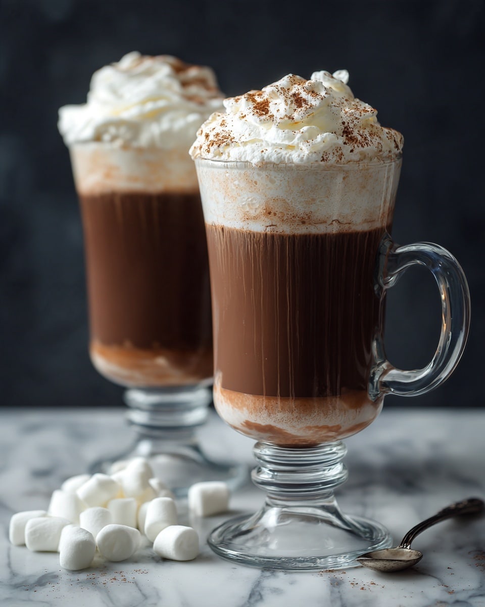Two clear glass mugs filled with three brown layers of hot chocolate topped with a thick white layer of whipped cream, sprinkled with light brown cocoa powder, sitting on a white marbled surface. Around the mugs are scattered small white marshmallows, some dusted with cocoa powder, with a small white bowl filled with cocoa powder and an ornate spoon lying nearby. The background is a dark, blurred, neutral tone. photo taken with an iphone --ar 4:5 --v 7