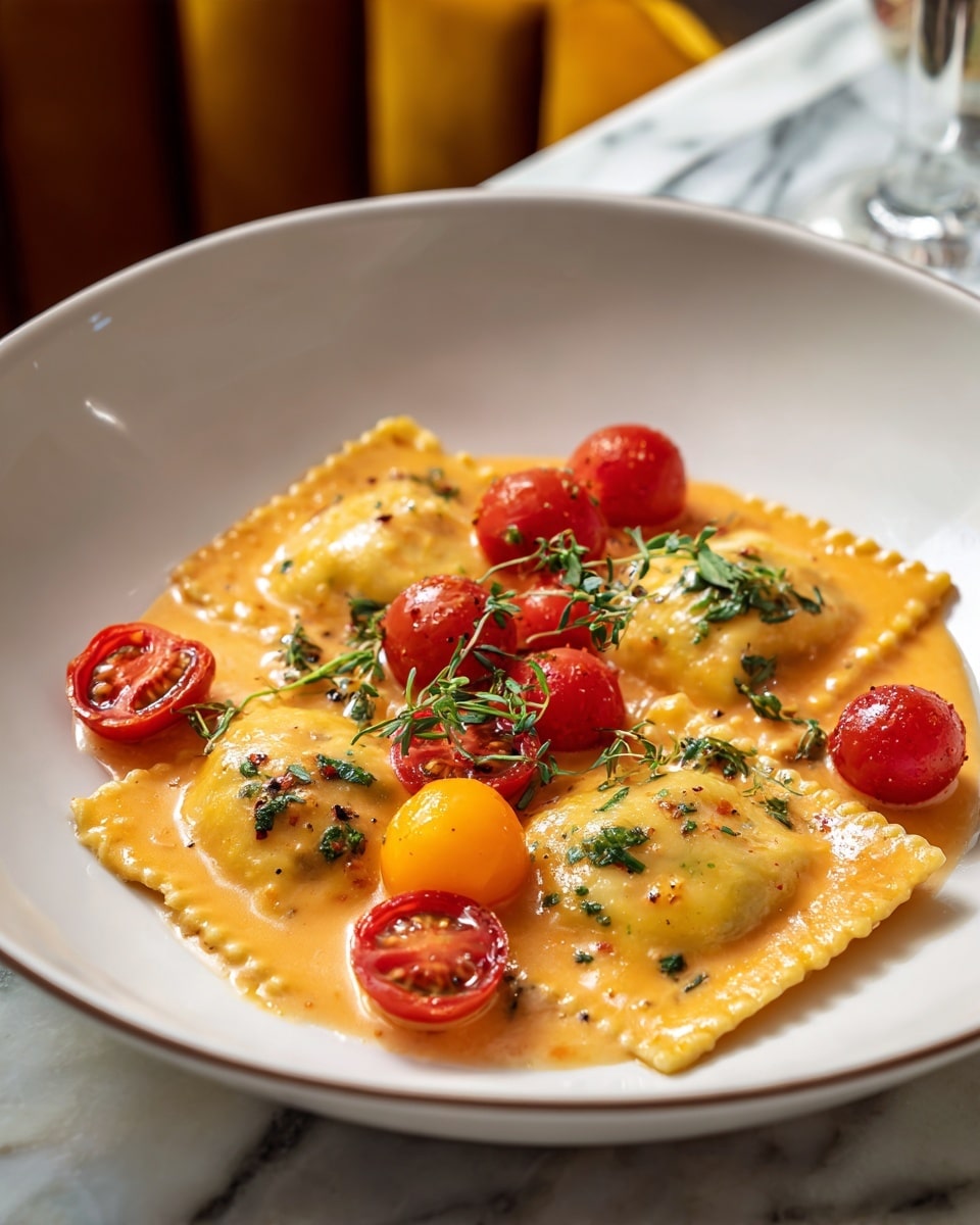 The image shows a white plate with several square ravioli pieces covered in a creamy orange sauce. The ravioli are topped with small sprigs of green herbs. Around the ravioli, there are bright red and yellow cherry tomatoes. The plate is placed on a white marbled surface, and the background shows a blurred second plate with the same dish. photo taken with an iphone --ar 4:5 --v 7