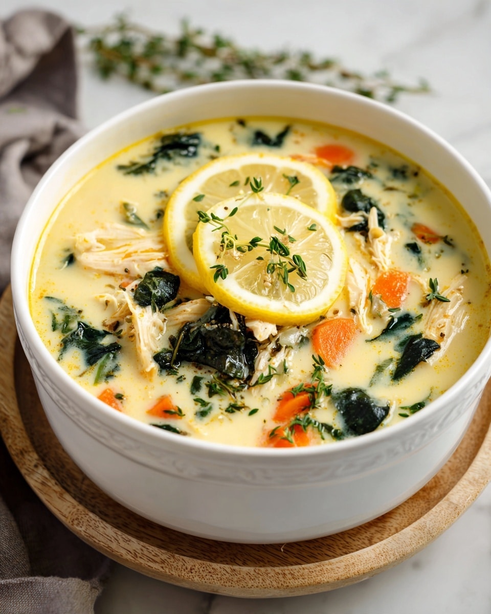 A bowl of creamy soup sits on a white marbled surface, filled with three main layers: shredded white chicken pieces spread evenly throughout, small orange carrot chunks scattered around, and short, white pasta shapes mixed in. Dark green spinach leaves add contrast, while finely chopped green herbs are sprinkled on top, adding texture. A bright yellow slice of lemon floats on the soup’s surface, slightly to one side, adding a fresh touch. The bowl is white with a subtle gray rim. Photo taken with an iphone --ar 4:5 --v 7