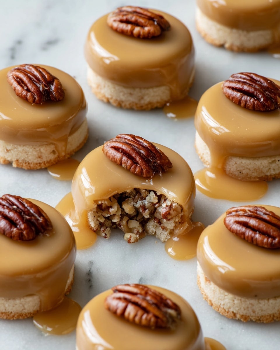 The image shows small round pastries on a white marbled surface, each topped with a shiny, golden caramel-like glaze and a single whole pecan nut on top. One pastry is broken open to reveal a textured, nut-filled inside with small chopped pecans. The caramel glaze drips slightly onto the white marbled surface, adding a glossy effect. The pastries are arranged closely, filling the frame with their warm beige and amber colors. Photo taken with an iphone --ar 4:5 --v 7