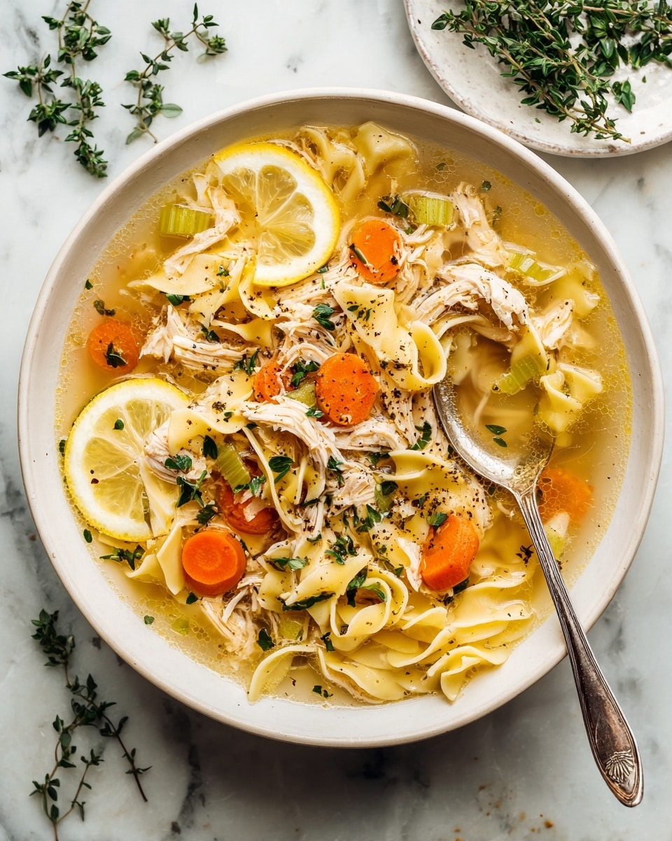 A white bowl filled with clear, golden broth soup, containing shredded white chicken, soft wide yellow egg noodles, orange carrot slices, and light green celery slices mixed throughout. Fresh green chopped herbs are sprinkled on top with a light dusting of black pepper. Two thin yellow lemon slices rest on one side of the bowl. A silver spoon is partially dipped into the soup on the right edge of the bowl, which sits on a white marbled surface with hints of herbs and spices nearby. Photo taken with an iphone --ar 4:5 --v 7