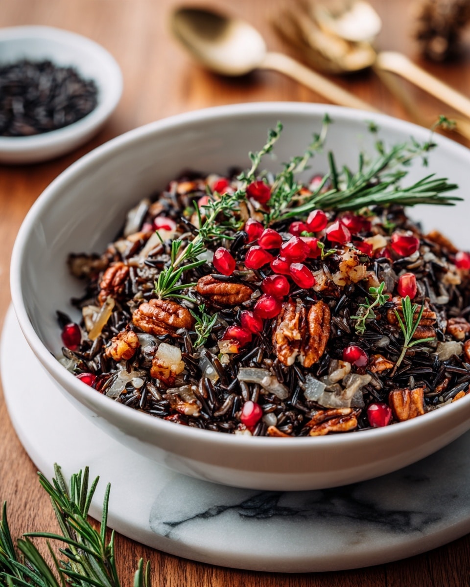 A dish of wild rice served in a white ribbed bowl, showing a mix of dark wild rice grains, light tan cooked onions, orange-brown pecan pieces, and bright red pomegranate seeds mixed throughout. Small green sprigs of rosemary and thyme are scattered on top. The bowl sits on a white marbled surface with a brass spoon and fork nearby, and a warm orange fruit partially visible at the bottom edge. A small tan dish holding more wild rice grains is placed behind the main bowl. Photo taken with an iphone --ar 4:5 --v 7