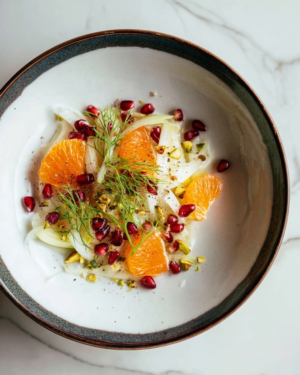 A close-up view of a salad on a white plate showing three main layers: the bottom layer is thin, white, crunchy shreds of fennel spread evenly; the middle layer has bright orange, juicy tangerine slices scattered across; and the top layer includes ruby red pomegranate seeds and small green crushed pistachios sprinkled all over, along with delicate green fennel fronds placed here and there for freshness. The plate sits on a white marbled surface, and sunlight brightens the colors, making the orange and red pieces look shiny and fresh. photo taken with an iphone --ar 4:5 --v 7