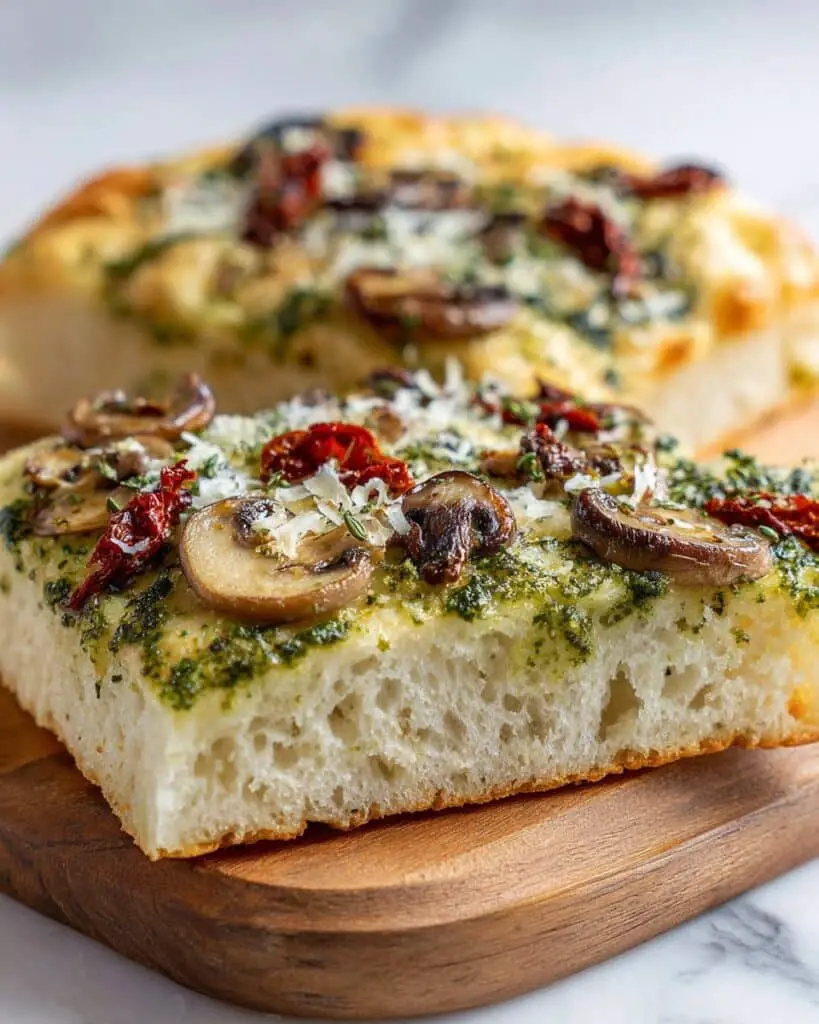 Pesto, Mushroom & Sun-Dried Tomato Focaccia with Roasted Garlic Recipe
