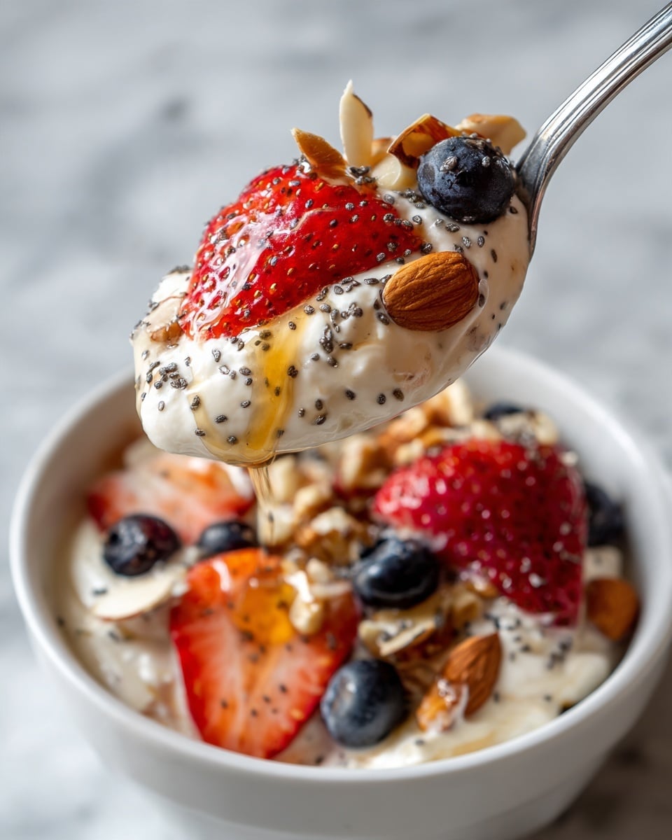A close-up of a spoon full of yogurt mixed with chia seeds, blueberries, sliced strawberries, a large almond, and granola clusters, all dripping with honey. The layers include creamy white yogurt as the base, topped with black chia seeds scattered on top, vibrant dark blue blueberries, bright red strawberry slices showing their seeds and juicy texture, crunchy brown granola pieces mixed throughout, and a shiny drizzle of golden honey coating the ingredients, all held by a bronze spoon. The background surface is white marble, softly blurred, highlighting the rich textures and colors of the spoonful. Photo taken with an iphone --ar 4:5 --v 7