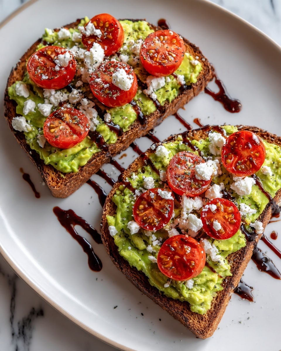 Two slices of toasted brown bread are placed on a white plate with a white marbled background. Each slice is spread with a thick layer of mashed green avocado, topped with three halves of bright red cherry tomatoes. Crumbled white cheese is sprinkled evenly over the avocado and tomatoes. A dark balsamic glaze is drizzled on top in streaks, with visible black pepper specks scattered around. The toast appears fresh and colorful. Photo taken with an iphone --ar 4:5 --v 7