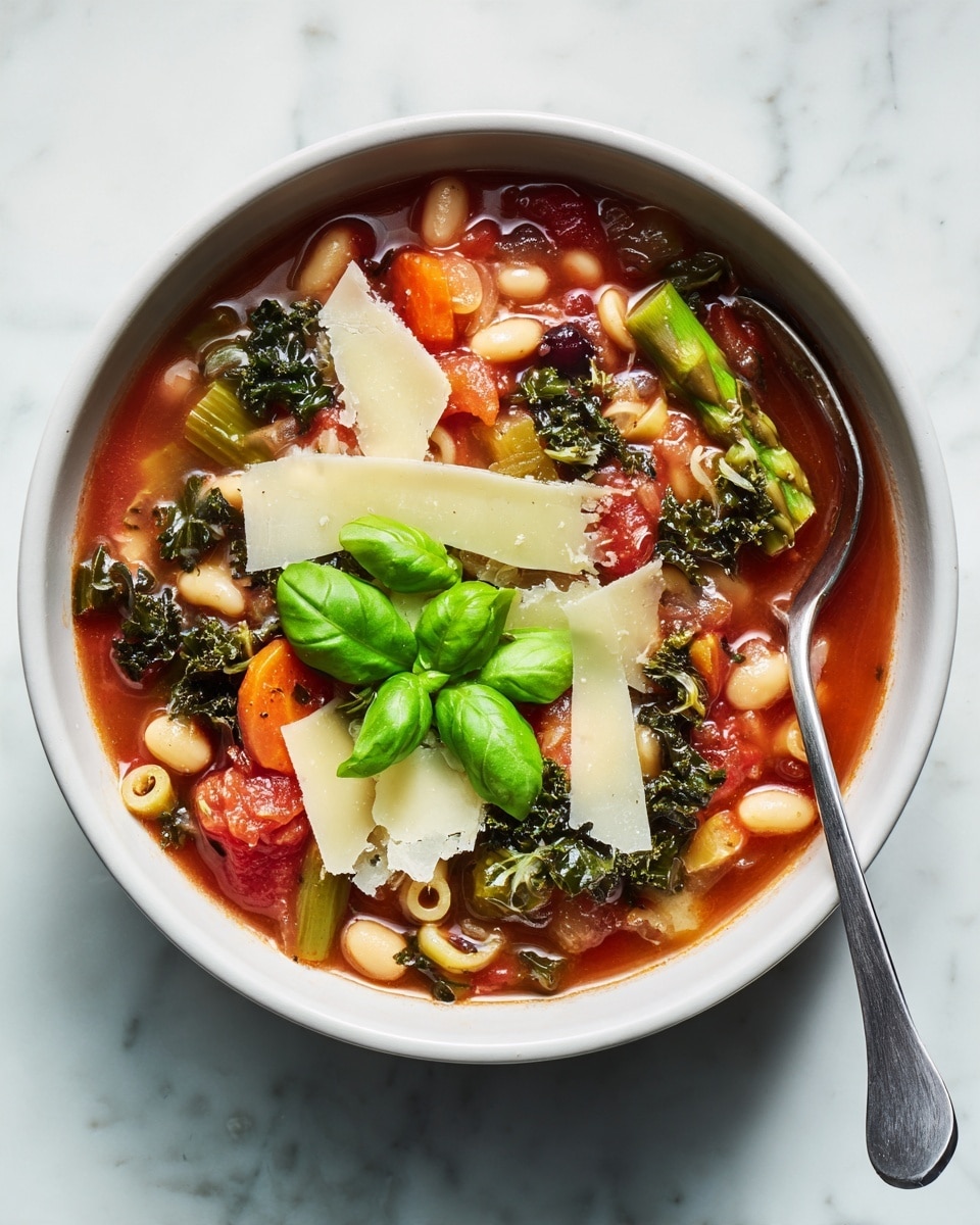 A white bowl with a soup made of four main layers: a rich red tomato broth as the base, soft white beans scattered throughout, bright orange carrot slices and green leafy kale pieces evenly spread on top, and thin light-colored slices of cheese layered in the center. A few fresh green basil leaves sit on one side near the cheese. A silver spoon rests on the right side inside the bowl, partially covered by soup filled with visible vegetable pieces. The bowl is placed on a white marbled surface with a wooden round bread piece partially visible to the left photo taken with an iphone --ar 4:5 --v 7
