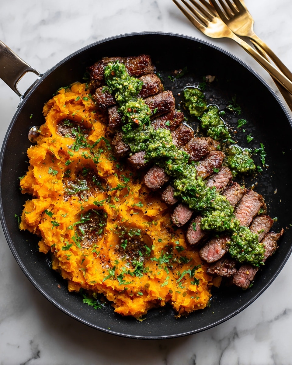 In a black cast iron pan, sliced medium-rare steak is arranged on the right side, showing a brown seared crust with pink centers, topped with a thick, bright green herb sauce and sprinkled with chopped fresh herbs. On the left side, there is a layer of mashed sweet potatoes, orange in color, with small melted butter spots on top and a light sprinkle of black pepper and herbs for garnish. The pan rests on a wooden table, and a brass spoon and fork are placed nearby. photo taken with an iphone --ar 4:5 --v 7