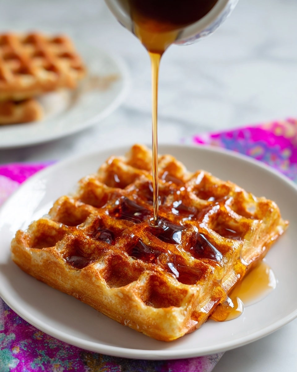 A golden brown waffle with deep square pockets sits on a white plate, syrup being poured over it from above, filling the pockets with shiny amber liquid. The waffle looks crispy on the edges and soft inside with a warm texture. In the background, there is another waffle on a white plate, and the setting includes a white marbled surface with a hint of a colorful cloth underneath the plates. The photo is close up, showing the texture of the waffle and flowing syrup clearly. Photo taken with an iphone --ar 4:5 --v 7