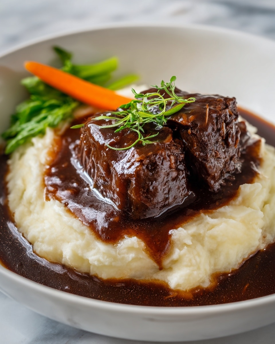 A close-up view of a three-layer dish on a white plate with an earthy rim. The bottom layer is a smooth, creamy mashed potato in a pale yellow color. On top of that is a thick, dark brown sauce that spreads around the mashed potato edges. The middle layer consists of a large, tender piece of dark brown meat with visible fibers, covered in the same dark sauce. A bone sticks out from the side of the meat. The top layer is a small bunch of fresh green thyme sprigs placed over the meat. In the background, a long carrot and some green leaves add color, all set on a white marbled surface. photo taken with an iphone --ar 4:5 --v 7