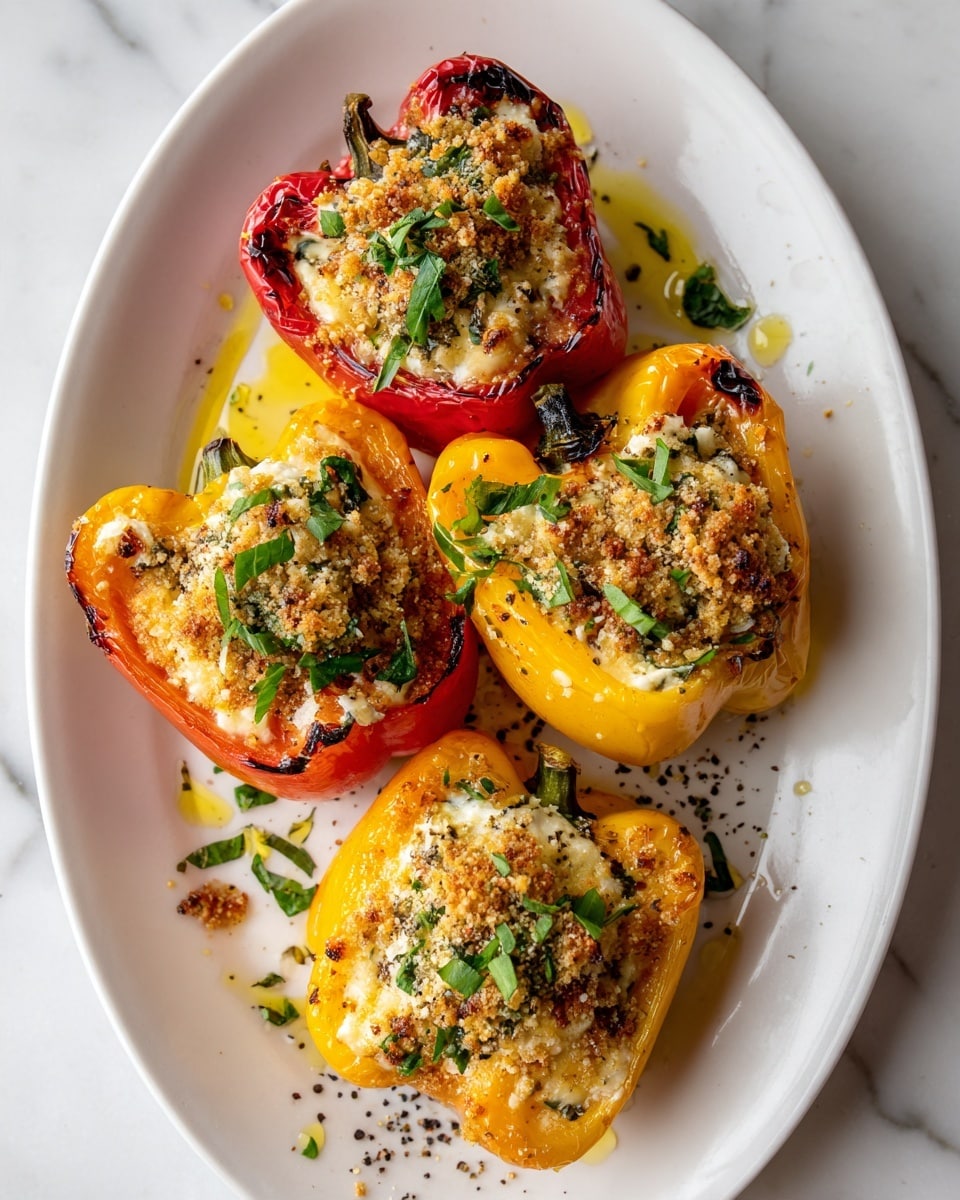 Four roasted bell pepper halves, two red and two yellow, are arranged on a white plate with a white marbled background. Each pepper half is charred slightly on the edges with wrinkled skin, filled with a creamy white cheese mixture topped with golden brown crispy breadcrumbs and fresh green herbs. The cheese appears soft and slightly melted, while the breadcrumbs add a crunchy texture on top. A light drizzle of oil pools slightly around the peppers, and some ground black pepper is scattered over the dish. The overall look is warm and inviting with a mix of red, yellow, white, green, and brown colors. photo taken with an iphone --ar 4:5 --v 7
