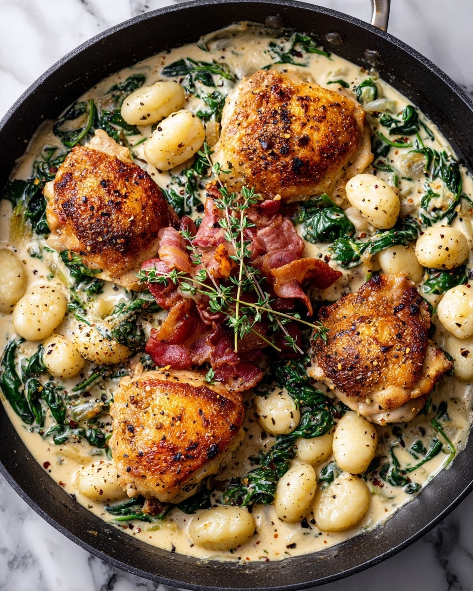 In a black skillet, there are four golden brown pieces of cooked meat, each with a crispy textured top layer. Around and under the meat, there is a creamy white sauce with small white round potatoes scattered evenly. Dark green leafy vegetables are mixed throughout the sauce, creating contrast with the cream. On top of the dish, near the center, there is a cluster of crispy reddish-brown bacon pieces with a sprig of fresh green herbs laid across them. The skillet sits on a white marbled surface. Photo taken with an iphone --ar 4:5 --v 7
