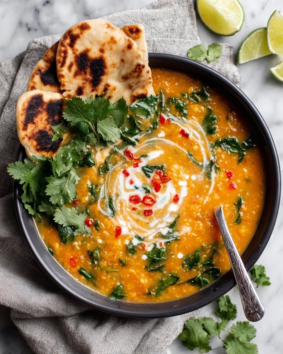 A white bowl filled with thick orange lentil soup layered with green spinach leaves and small red chili slices, topped with a swirl of white coconut cream and fresh green cilantro leaves scattered on top. A piece of toasted flatbread with dark char marks rests on the left side of the bowl, partially dipped in the soup. The bowl sits on a folded light gray cloth on a white marbled surface, with lime wedges and some cilantro leaves placed around it. A spoon with a detailed handle is in the soup on the right side. Photo taken with an iphone --ar 4:5 --v 7