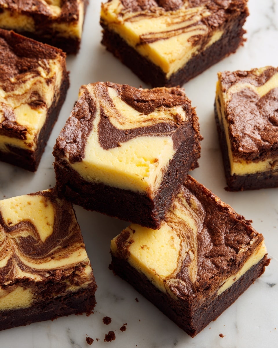 The image shows several square pieces of cheesecake brownies arranged on white parchment paper over a white marbled surface. Each piece has two main layers: the bottom chocolate brownie layer, which is dark brown and dense with a slightly rough texture, and the top cheesecake layer, which is creamy yellow with smooth swirls of dark brown chocolate mixed through, creating a marbled effect. The edges of the squares look firm but soft inside, and there are small crumbs scattered around the pieces. The lighting highlights the glossy texture of the cheesecake layer. photo taken with an iphone --ar 4:5 --v 7