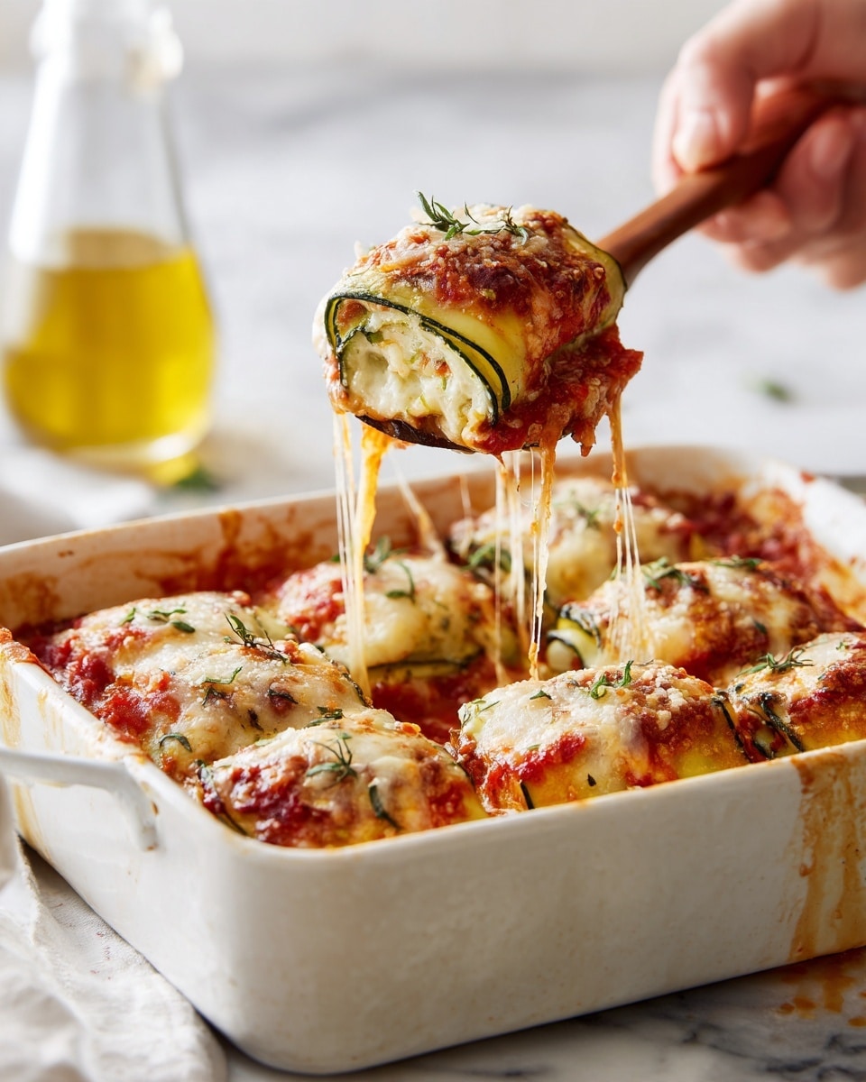 A white baking dish filled with several rolled pieces of zucchini lasagna that have three visible layers: the bottom green zucchini slice, a middle layer of red tomato sauce, and a top layer of golden-browned melted cheese sprinkled with bits of green herbs and grated parmesan. One piece is being lifted by a wooden spoon held by a woman's hand, showing long stretchy melted cheese pulling between the dish and the piece. The background is a white marbled surface with a bottle of yellow olive oil blurred behind the dish. photo taken with an iphone --ar 4:5 --v 7