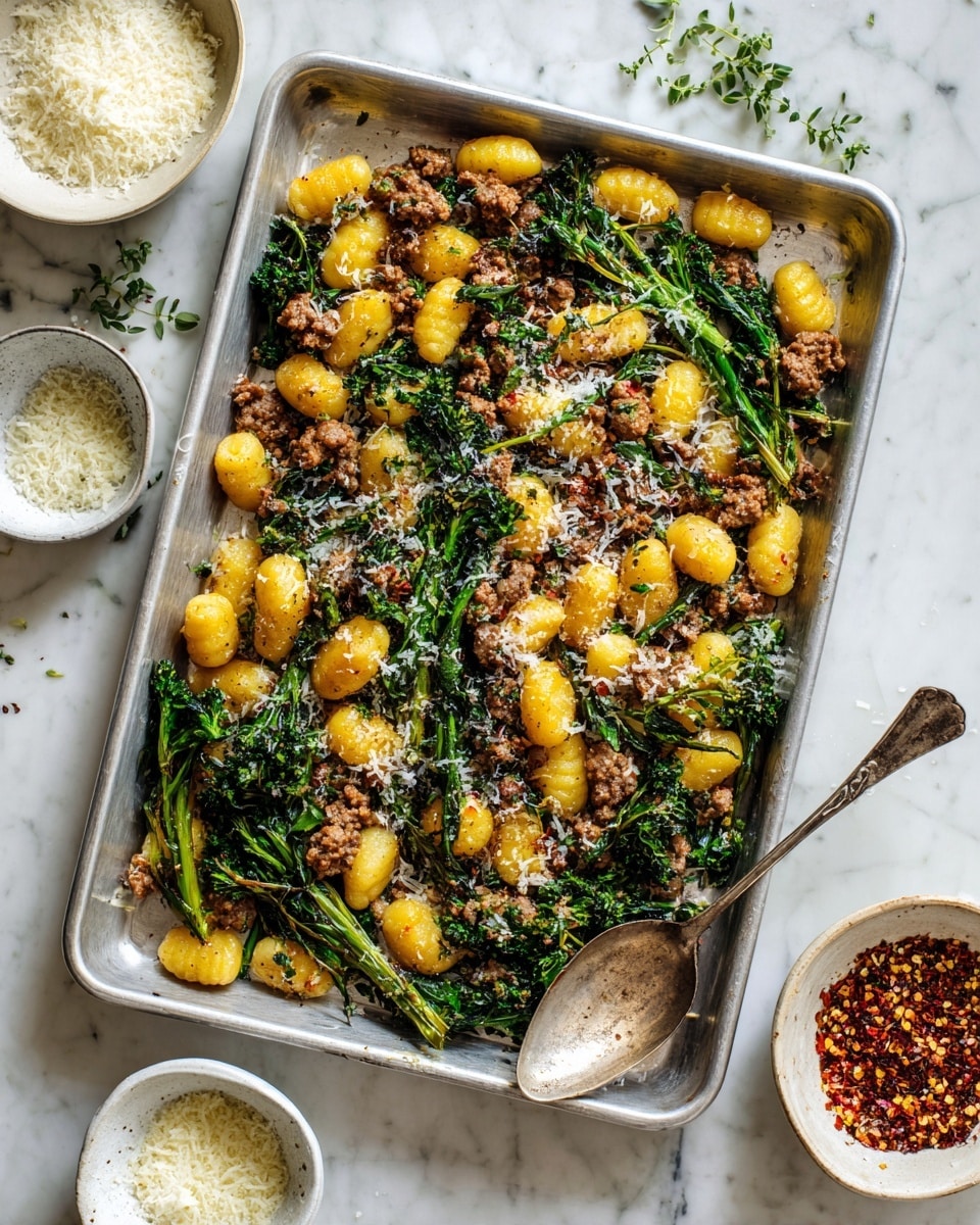 A large silver baking tray is filled with several layers of food: the bottom layer is golden yellow gnocchi with a soft texture, scattered evenly. Mixed through the gnocchi are browned pieces of cooked sausage, adding a rough texture and some crispy edges. Also mixed in are dark green broccolini florets, some of which look roasted and slightly charred. On the top, a light sprinkling of finely grated white cheese adds a soft, powdery look, along with small green parsley leaves spread across the dish for color. The tray is placed on a white marbled surface, and to the side are two small white bowls, one filled with finely grated cheese and the other with red chili flakes. A silver spoon rests on the tray edge. The overall look is warm and inviting, with a mix of yellow, green, and brown tones. photo taken with an iphone --ar 4:5 --v 7
