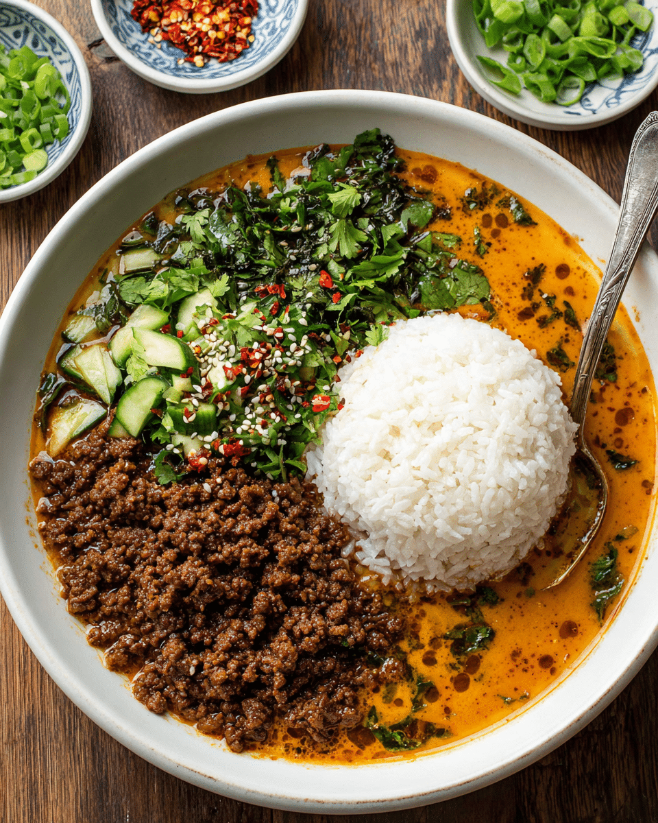 A white bowl filled with three main layers: light brown rice in a small mound at the center, chunky dark brown cooked ground meat on the right side, and a rich orange broth with green herbs and cucumber pieces filling the rest. The dish is topped with chopped green onions, sesame seeds, red chili flakes, and fresh herbs scattered on top of the rice, meat, and broth. A silver spoon rests inside the bowl on the meat side. Around the bowl on a wooden table, you see small round bowls with green onions and red chili flakes, and a white pitcher with some sauce. The background is a white marbled texture. photo taken with an iphone --ar 4:5 --v 7