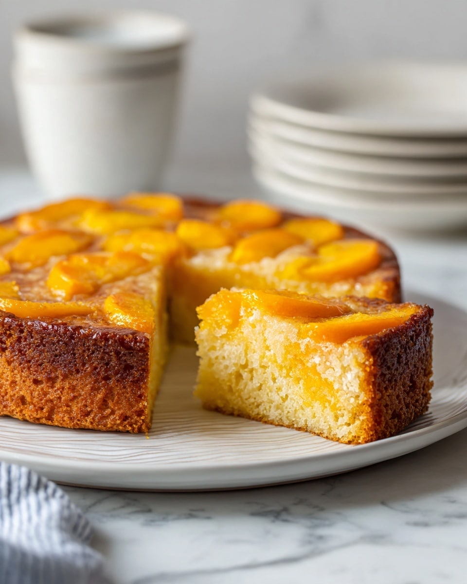 This image shows a round cake with a golden brown crust on the side and top. The top of the cake has a single layer of bright orange peach slices arranged in a circular pattern, each slice touching the next. The cake is on a white plate with a braided edge, placed on a white marbled surface. In the background, there are stacked white plates with yellow rims, some whole peaches, part of a kitchen counter, and a leafy green plant in a glass jar. A white and yellow striped towel and two golden utensils lie near the plate. Photo taken with an iphone --ar 4:5 --v 7