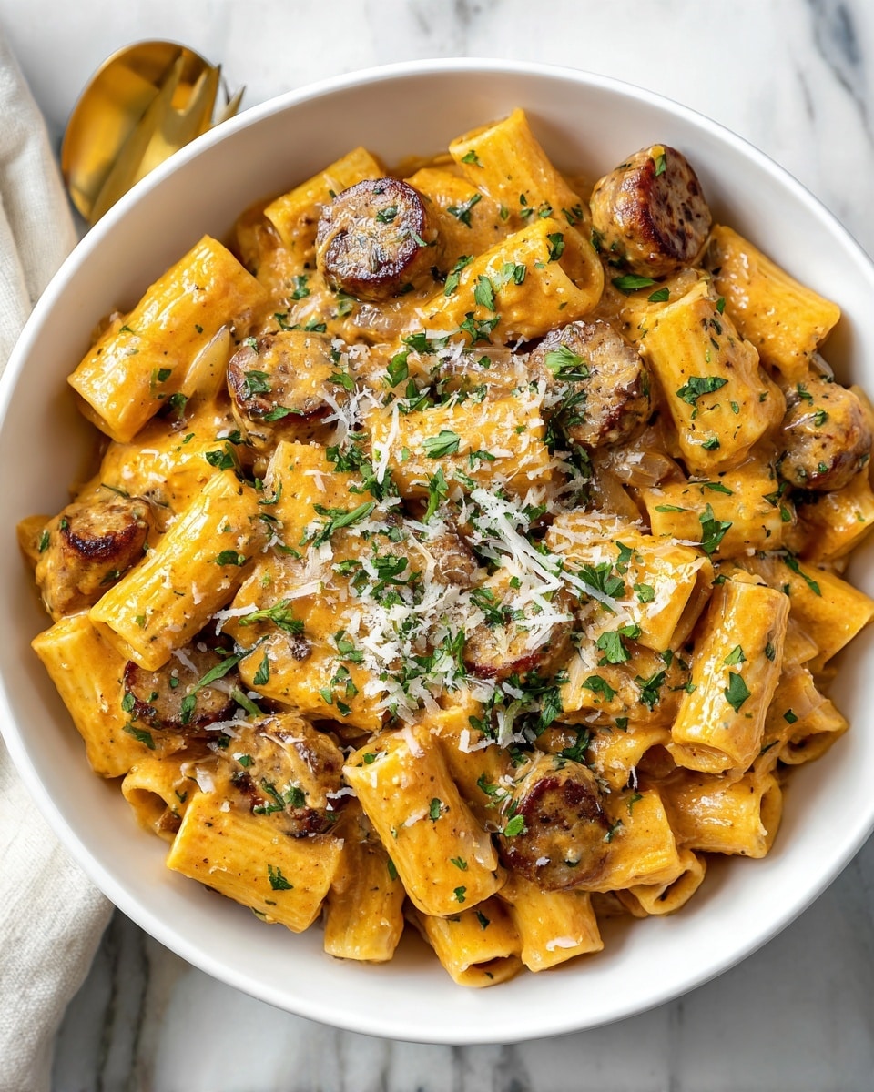 A bowl filled with rigatoni pasta covered in a thick, creamy orange sauce. Mixed in are small round slices of browned sausage pieces. On top, there is a sprinkle of grated white cheese, chopped green herbs, and a few red pepper flakes. The bowl is white and sits on a white marbled surface, with a gold spoon next to it. The sauce looks smooth and rich, coating the pasta well, and the sausage pieces add a textured contrast. Photo taken with an iphone --ar 4:5 --v 7