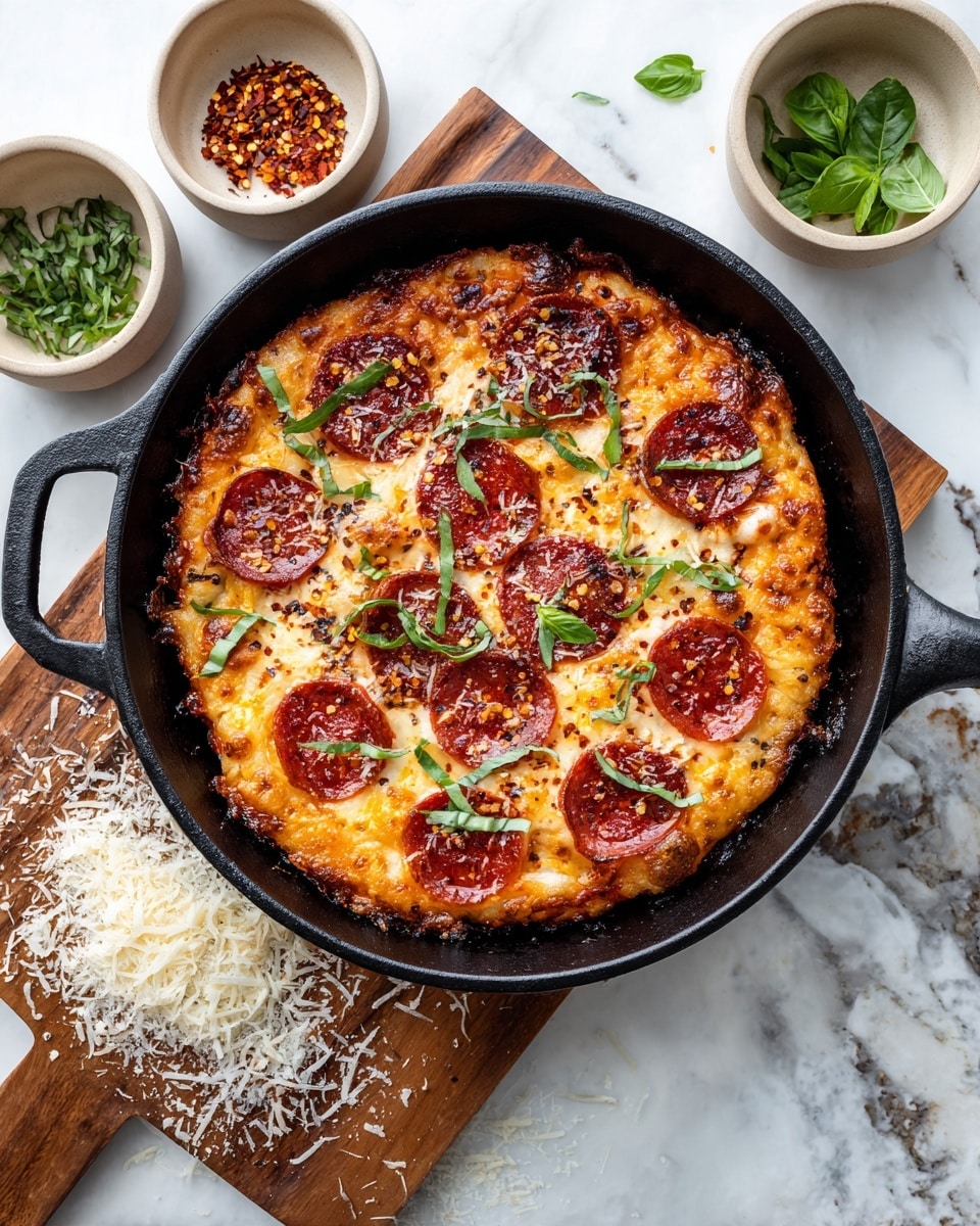 A small skillet holds a pepperoni pizza with one visible layer of golden-brown melted cheese topped evenly with round pepperoni slices and sprinkled with shredded white cheese and thin strips of green basil. The pizza crust is light brown and thin, fitting snugly in the black cast iron pan. Around the skillet, there are two small white bowls filled with red pepper flakes and fresh green basil, all placed on a wooden board that rests on a white marbled surface, with some scattered cheese shavings and green basil around. Photo taken with an iphone --ar 4:5 --v 7