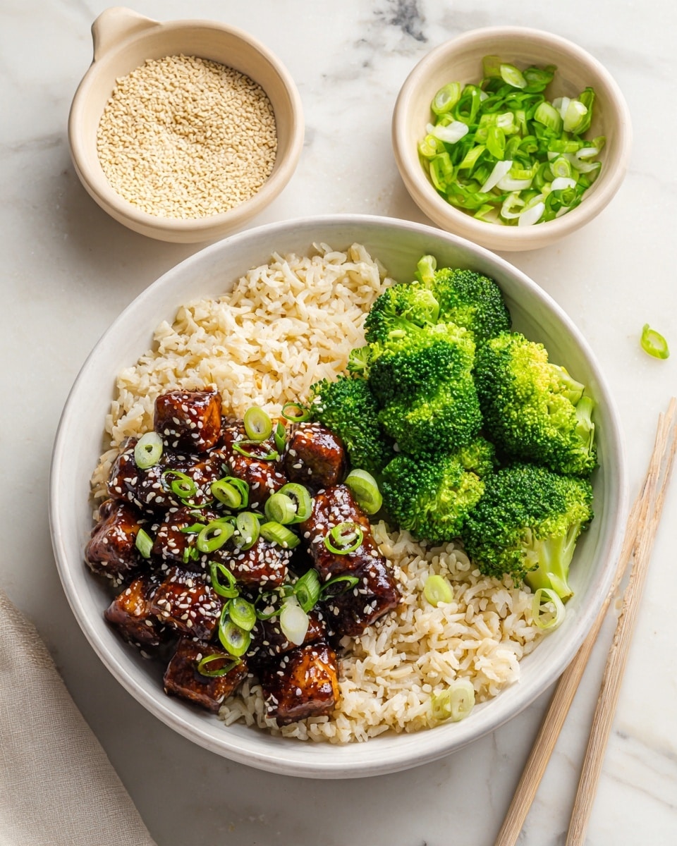 A white bowl holds a three-layer dish placed on a white marbled surface. The bottom layer is light brown cooked rice with a soft, fluffy texture. On the left side, bright green broccoli florets sit in a small cluster, looking fresh and crisp. On the right side, dark brown cubes of tofu coated in a thick glossy sauce form the third layer, sprinkled with white and black sesame seeds. Thinly sliced green onions are scattered on top of the tofu and a few green onion pieces are on the rice. Nearby, small white bowls hold extra sesame seeds and sliced green onions. A pair of black chopsticks rests diagonally on the right side of the bowl, and a white cloth with gray stripes is near the bottom left corner. Photo taken with an iphone --ar 4:5 --v 7