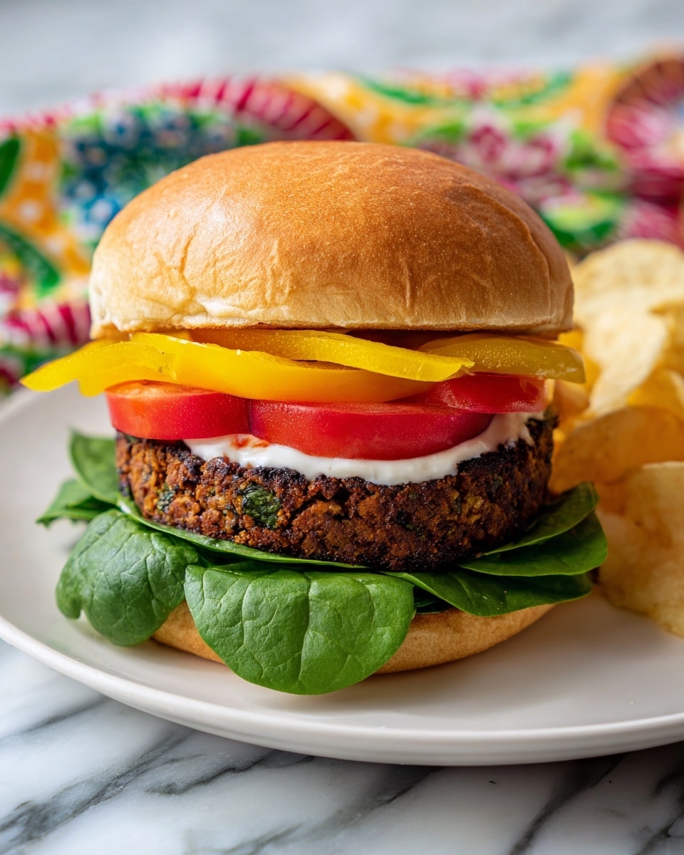 A sandwich with a shiny light brown bun on top sits on a white plate. Under the top bun is a layer of white sauce, followed by a thick, dark brown and crispy patty. Below the patty, there is a slice of dark purple grilled onion. Next, there are two bright red tomato slices and a few yellow pepper slices on fresh green spinach leaves. The bottom bun is light brown and soft. To the right side of the sandwich, there are light yellow, crispy potato chips. The plate is set on a white marbled surface with a colorful cloth nearby. photo taken with an iphone --ar 4:5 --v 7