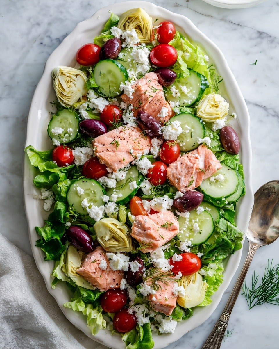 A white oval plate holds a colorful Greek salad arranged in layers. At the bottom, there is a bed of leafy green lettuce. Sliced green cucumbers and halved bright red cherry tomatoes are spread evenly on top. Tender pieces of light pink cooked salmon lay over some parts of the salad. Creamy white crumbled feta cheese is sprinkled generously over the whole salad. There are pale green artichoke hearts and dark purple Kalamata olives nestled among the vegetables. The salad is placed on a white marbled surface, and a silver spoon rests at the side. Photo taken with an iphone --ar 4:5 --v 7