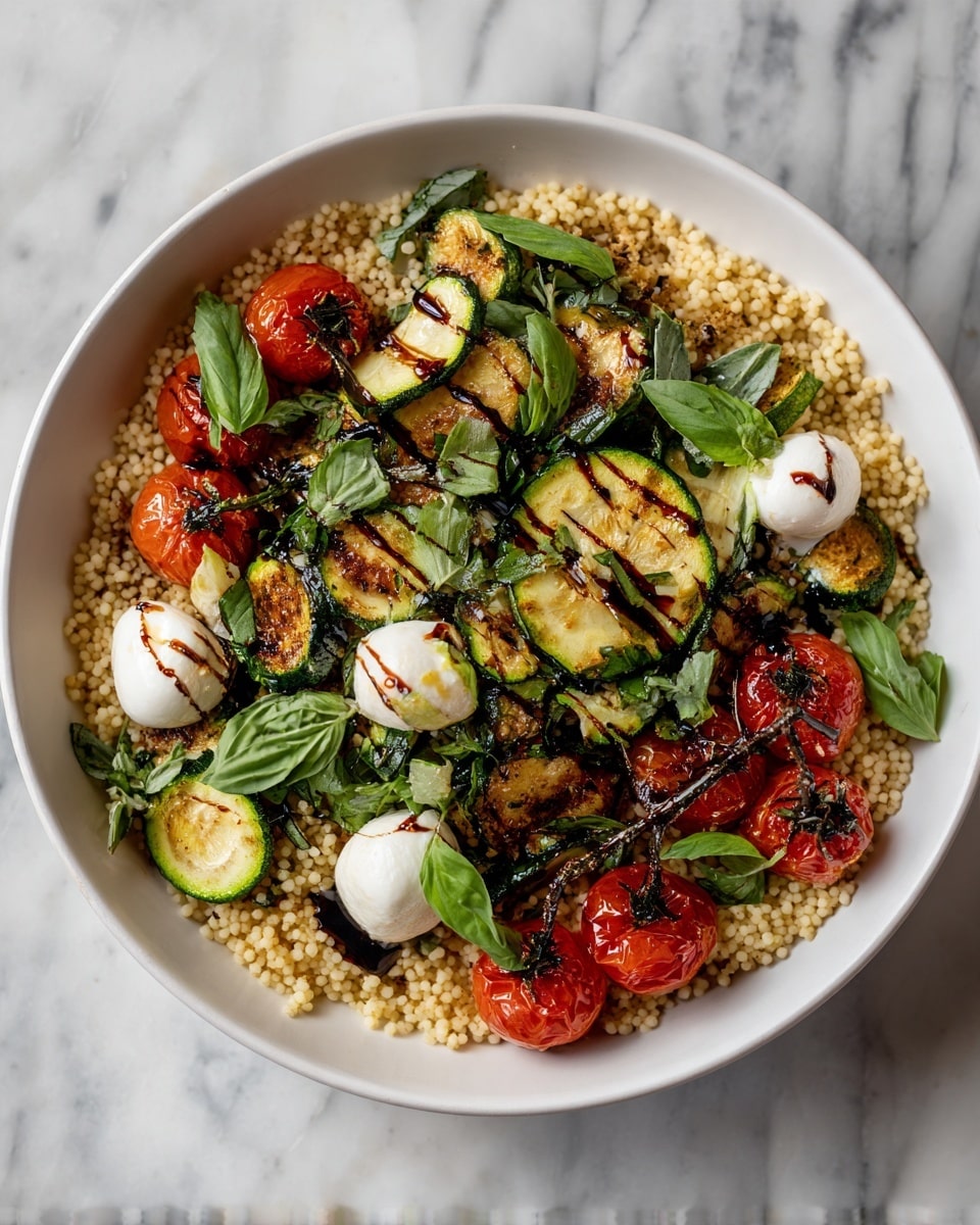 A white bowl filled with three main layers is shown. The base layer is light beige Israeli couscous with a grainy, round texture, filling the bowl entirely. On top, from the center to the right side, are slices of slightly charred, green zucchini with soft textures. Scattered among them are small white mozzarella balls, smooth and round. Covering the left side and part of the center is a bunch of bright red roasted cherry tomatoes still connected to their vine, some with light black char marks. Fresh, chopped green basil leaves are sprinkled over the entire dish, adding a fresh touch. Drops and thin streaks of dark balsamic glaze are drizzled lightly across the tomatoes and mozzarella, giving a glossy finish. The bowl sits on a white marbled surface with a silver fork partially visible at the top left corner. photo taken with an iphone --ar 4:5 --v 7