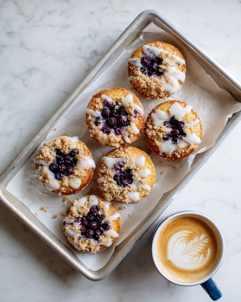 The image shows six round pastries arranged in a white rectangular baking dish with yellow spots, placed on a white marbled surface. Each pastry has three main layers: the base is a golden brown dough, the middle is topped with dark purple berries packed in a circle, and the top has a crumbly light brown streusel sprinkled all around the berries. The pastries are drizzled with a smooth, thick white glaze that runs over the edges. In the foreground, there is a blue-rimmed white cup filled with a frothy coffee drink. The scene is lit with warm natural light, highlighting the textures and colors of the pastries. photo taken with an iphone --ar 4:5 --v 7