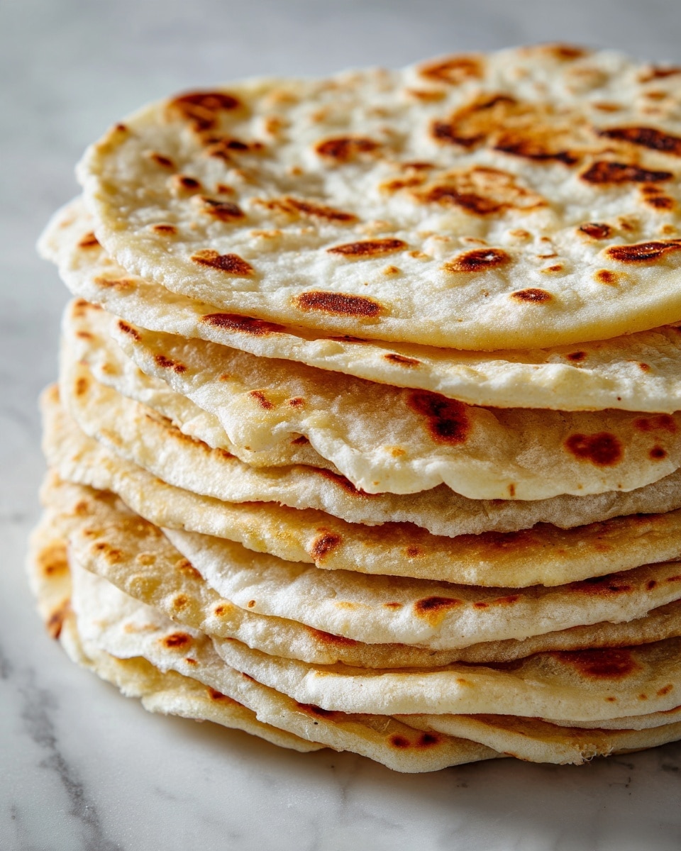 A close-up view of a tall stack of flatbreads with soft, light brown spots and slightly uneven edges. Each flatbread layer shows a thin, smooth, and slightly wrinkled texture with small golden patches. The stack is thick with many layers, resting on a white marbled surface. The flatbreads look fluffy and tender with a warm beige color and subtle toasted marks, creating a warm inviting look. Photo taken with an iphone --ar 4:5 --v 7