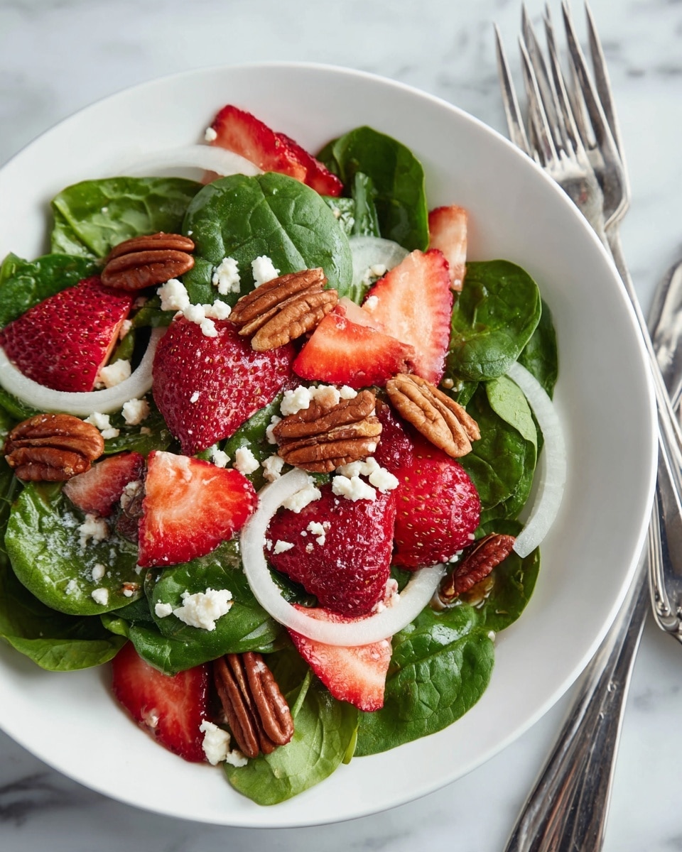 A white bowl filled with a colorful salad is shown on a white marbled surface. The bottom layer is fresh, green spinach leaves, topped with bright red sliced strawberries that add a juicy texture. There are scattered whole pecans with a light brown color providing a crunchy contrast. Thin, translucent white onion slices are spread evenly on top, along with small white crumbles of cheese adding a soft texture throughout. A silver spoon and fork rest on the right side of the bowl, ready to serve the fresh salad. Photo taken with an iphone --ar 4:5 --v 7