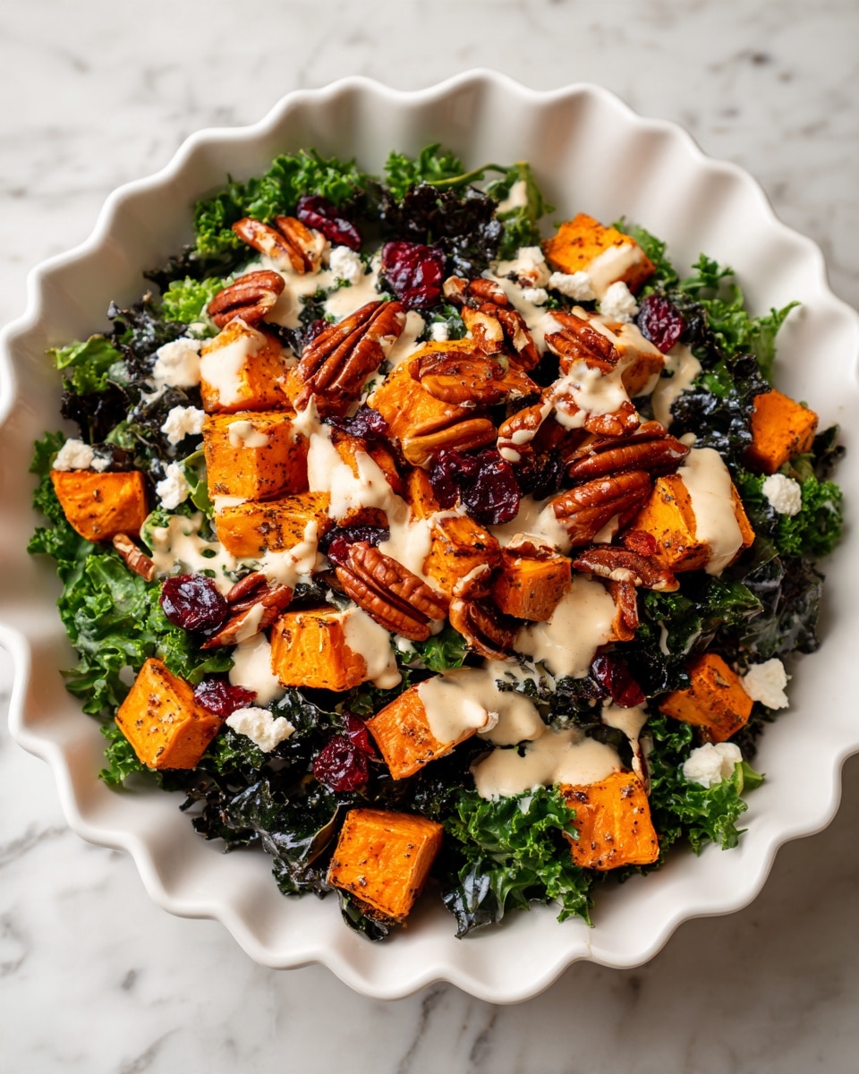 A white scalloped plate holds a colorful salad with four main layers. The bottom layer is dark green kale leaves, curly and fresh. The second layer has small orange cubes of roasted sweet potato scattered all over. The third layer includes toasted pecans with a rich brown color, and bright red dried cranberries spread evenly. Small white bits of crumbled cheese are mixed in between. The top layer is a light creamy dressing drizzled across the salad in thin lines. The plate sits on a white marbled surface with a whole sweet potato, a woman's hand reaching near it, and small dishes of salt and pepper nearby. Photo taken with an iphone --ar 4:5 --v 7