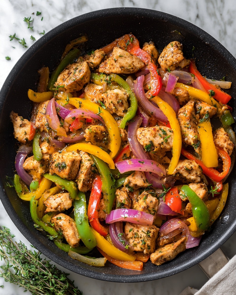 The image shows a black air fryer basket filled with cooked chicken pieces and sliced bell peppers. The chicken pieces are light brown with a slightly charred texture, mixed evenly with strips of red, yellow, and green bell peppers, creating a colorful contrast. There are also small bits of cooked onion with a slight purple tint scattered throughout. The basket sits on a white marbled surface, and some green herbs are visible in the top right corner. photo taken with an iphone --ar 4:5 --v 7