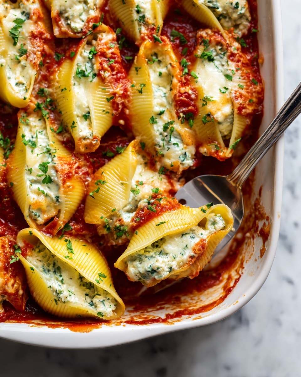 The dish shows a white baking dish filled with large yellow pasta shells, each stuffed with a light green filling. On top of the shells is a layer of red tomato sauce with a slightly chunky texture, spread unevenly. A melted white cheese layer is scattered over the tomato sauce, with some parts more covered than others, creating a glossy and creamy surface. Small pieces of green herbs are sprinkled all over the dish for color contrast. Near the bottom right, a metal serving spoon holds one stuffed pasta shell, showing the layers clearly with some sauce pooled at the dish's edge. The background is a white marbled texture. Photo taken with an iphone --ar 4:5 --v 7