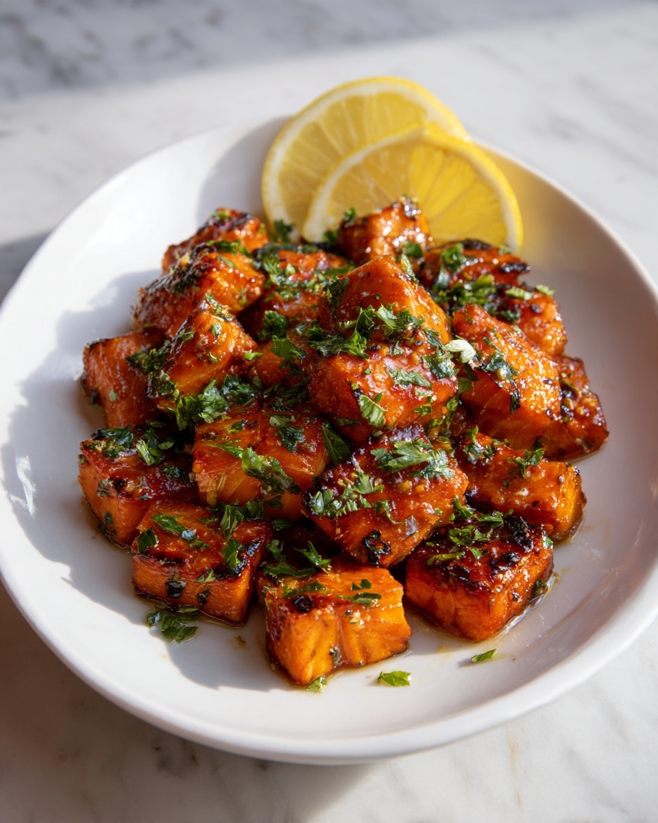 A white plate holds several pieces of cooked salmon with a reddish-orange color and light charring on the edges, giving a slightly crispy texture. The salmon pieces are piled in the center of the plate and sprinkled with small bright green parsley leaves, adding a fresh look. Two thin lemon slices with pale yellow flesh and white peel rest against the salmon near the back of the plate. The plate sits on a white marbled surface with soft natural light illuminating the dish. Photo taken with an iphone --ar 4:5 --v 7