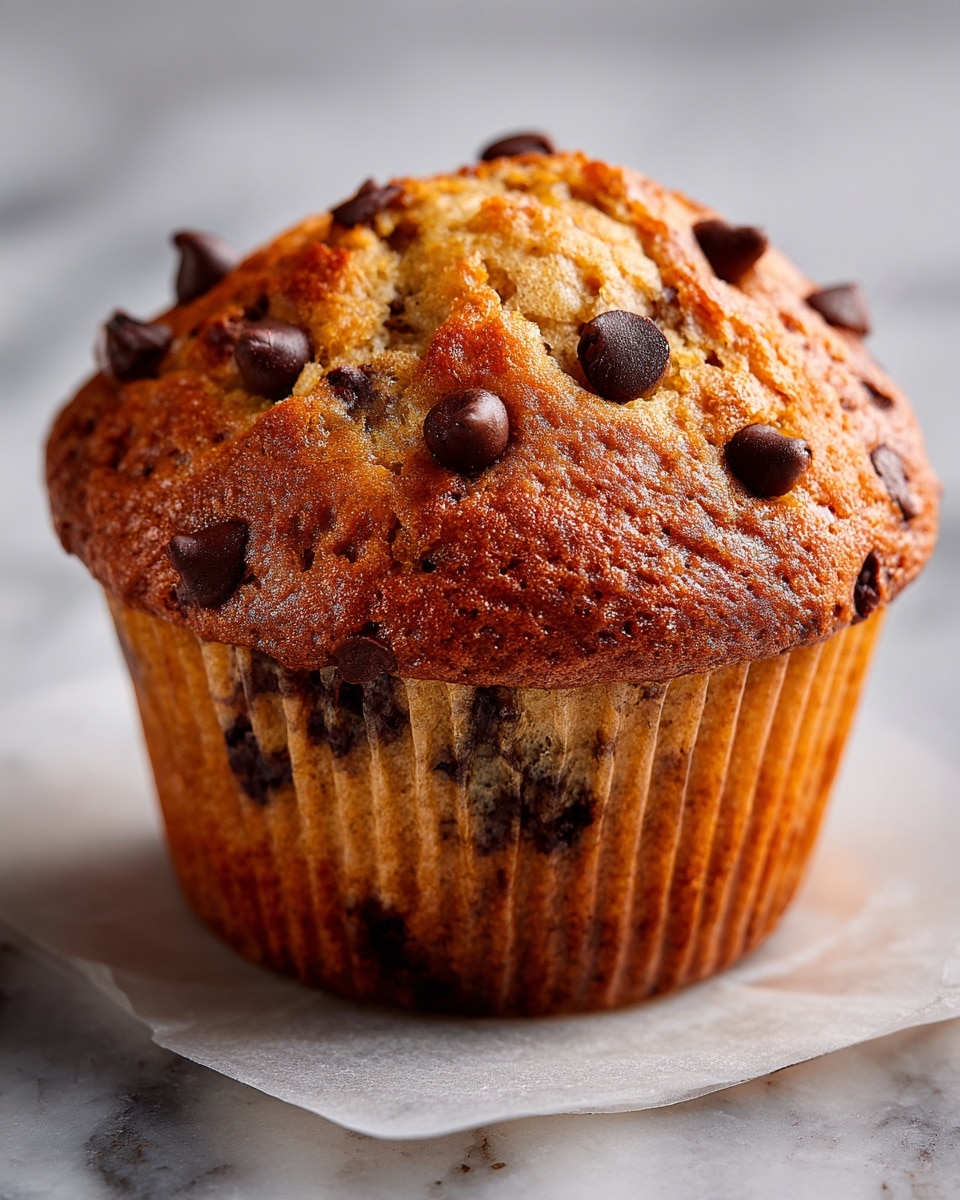 A close-up of a golden brown chocolate chip muffin with a slightly domed top, studded with melted chocolate chips scattered unevenly throughout the surface and inside the muffin. The muffin rests on a piece of white parchment paper, with parts of another muffin faintly visible beneath. The texture looks soft and slightly crumbly, with small air pockets visible on the muffin top. The background shows a blurred white marbled texture. photo taken with an iphone --ar 4:5 --v 7