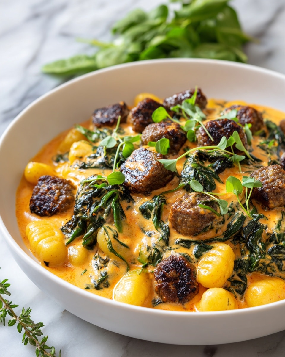 A blue plate holds a creamy dish with three main layers: the base layer is yellow gnocchi with a smooth, glossy texture scattered across the plate; the second layer consists of round, browned meatballs with a slightly rough, grilled surface placed evenly among the gnocchi; the top layer is a thick, bright orange sauce covering the gnocchi and meatballs, mixed with fresh green spinach leaves adding contrast, and small sprigs of fresh green herb garnish on top. The plate is set on a white marbled surface with some green herbs around it. Photo taken with an iphone --ar 4:5 --v 7