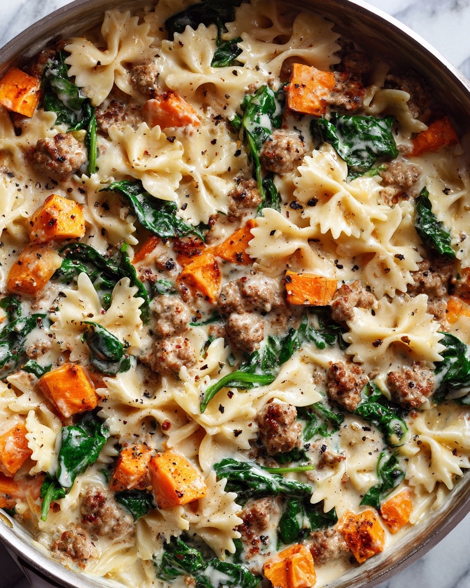 A close-up view of a white pan filled with a colorful pasta dish featuring three main layers: light yellow bowtie pasta spread evenly, topped with bright orange roasted sweet potato cubes scattered throughout, and fresh dark green spinach leaves mixed in. Small brown sausage bits are spread across the dish, adding texture and a slightly crispy look. The sauce beneath the ingredients appears creamy white, lightly coating the pasta and vegetables. The entire dish sits on a white marbled surface, creating a clean background for the vibrant colors. photo taken with an iphone --ar 4:5 --v 7
