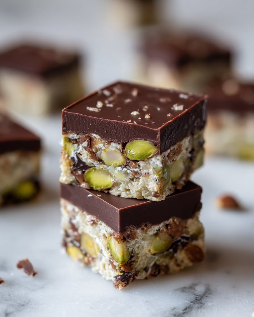 Three square pieces of chocolate biscuit cake are stacked on top of each other on a white marbled surface. Each piece has layers of dark brown chocolate mixed with light beige biscuit pieces and bits of green pistachio nuts inside. The top layer of each piece is a smooth, solid dark chocolate layer. More cake pieces are spread out blurred in the background, along with an out-of-focus glass of amber liquid. photo taken with an iphone --ar 4:5 --v 7