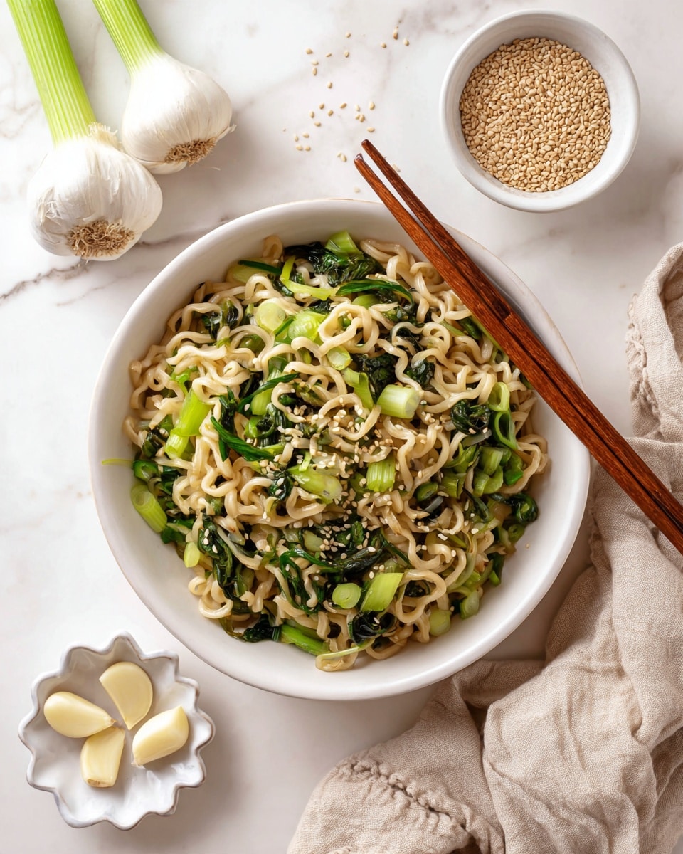 A white bowl filled with light brown noodles mixed with light green cabbage pieces and bright green sliced green onions, topped with a sprinkle of sesame seeds; a pair of wooden chopsticks rest diagonally on the bowl's edge. To the side, a small white dish holds garlic cloves, and another small white plate contains sesame seeds and green onion pieces, all placed on a white marbled surface alongside a beige cloth. photo taken with an iphone --ar 4:5 --v 7