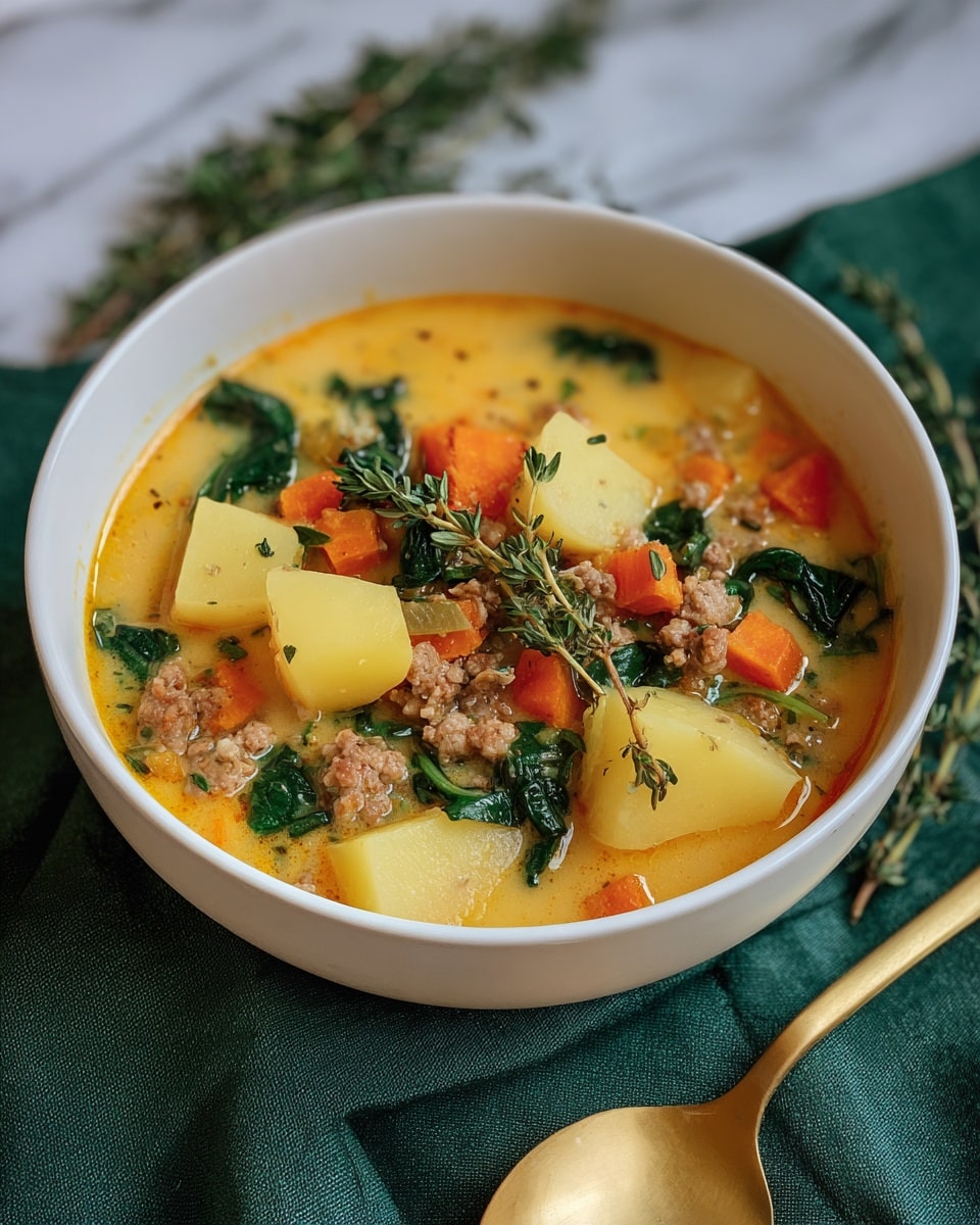 A white bowl filled with a creamy orange soup showing two main layers: the smooth, rich broth forming the base layer and a topping of browned ground meat, bright orange carrot cubes, pale yellow potato chunks, and dark green spinach leaves scattered evenly. Fresh green herb sprigs and finely chopped herbs are sprinkled on top, adding texture and color contrast. The bowl sits on a rustic wooden surface with a dark green cloth partially visible to the side, all resting on a white marbled background. Photo taken with an iphone --ar 4:5 --v 7