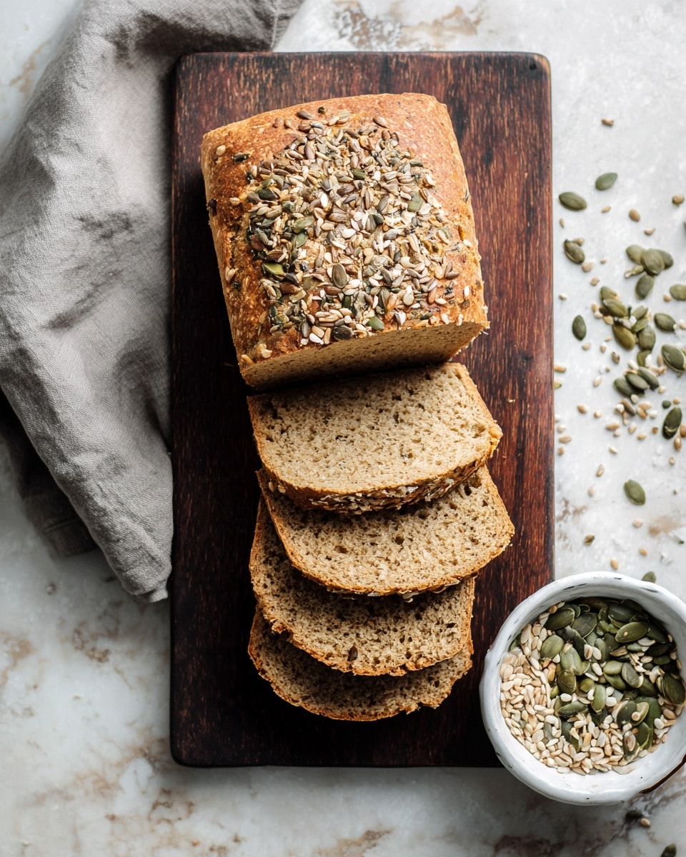 The image shows a loaf of bread sliced into five thick pieces, laying on a dark wooden board. The bread is golden brown sliced on the top, with a rough crust covered in a mix of sesame seeds and large green pumpkin seeds. The inside of the bread is light beige with a soft texture studded with pumpkin seeds and bits of grain spread evenly throughout. To the right side, a small white bowl filled with seeds sits on a gray cloth, all placed on a white marbled surface. Photo taken with an iphone --ar 4:5 --v 7
