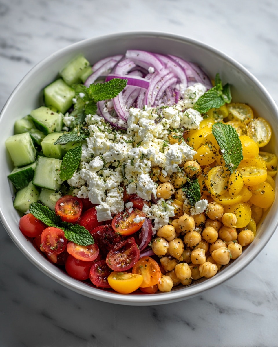 A white bowl with natural brown speckled rim filled with a colorful salad that has three main layers: the bottom layer shows chopped green cucumbers with their dark green skin and soft light green inside, scattered with bright red and yellow small tomatoes that have a smooth, shiny texture; the middle layer is full of light tan chickpeas, round and slightly glossy, mixed with small bits of crumbled white cheese, and thin slices of red onion adding purple color; the top layer is sprinkled with small fresh green mint leaves and herbs, giving a fresh look and some seasoning visible as small dark specks over everything, all sitting on a white marbled texture surface, photo taken with an iphone --ar 4:5 --v 7