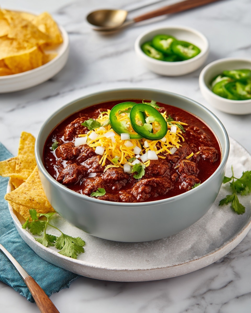 The image shows a bowl filled with rich, dark red chili topped with shredded yellow cheddar cheese scattered on the surface. There are a few chunks of tender meat mixed in, with pieces of white onion and green cilantro leaves sprinkled on top, adding texture and color. Two slices of bright green jalapeño rest on the chili’s surface. On the right side of the bowl, three white and blue corn tortilla chips stick out. The bowl itself is gray and placed on a white marbled textured surface with a spoon beside it that has a silver head and a wooden handle. In the background, there are small dishes with sliced jalapeños and chopped cilantro. Photo taken with an iphone --ar 4:5 --v 7