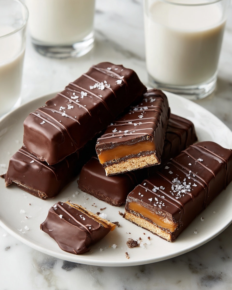 A white round plate filled with several rectangular chocolate-covered bars, each bar having a smooth dark brown chocolate coating with some drizzled lines of chocolate on top and small white salt flakes scattered over them. One bar is cut in half, showing three layers inside: a thin dark chocolate outer layer, a middle light brown creamy layer, and a bottom dark chocolate biscuit layer. The plate is placed on a white marbled surface, with glasses of milk and a stack of white bowls with a brown striped mug in the blurred background. Photo taken with an iphone --ar 4:5 --v 7